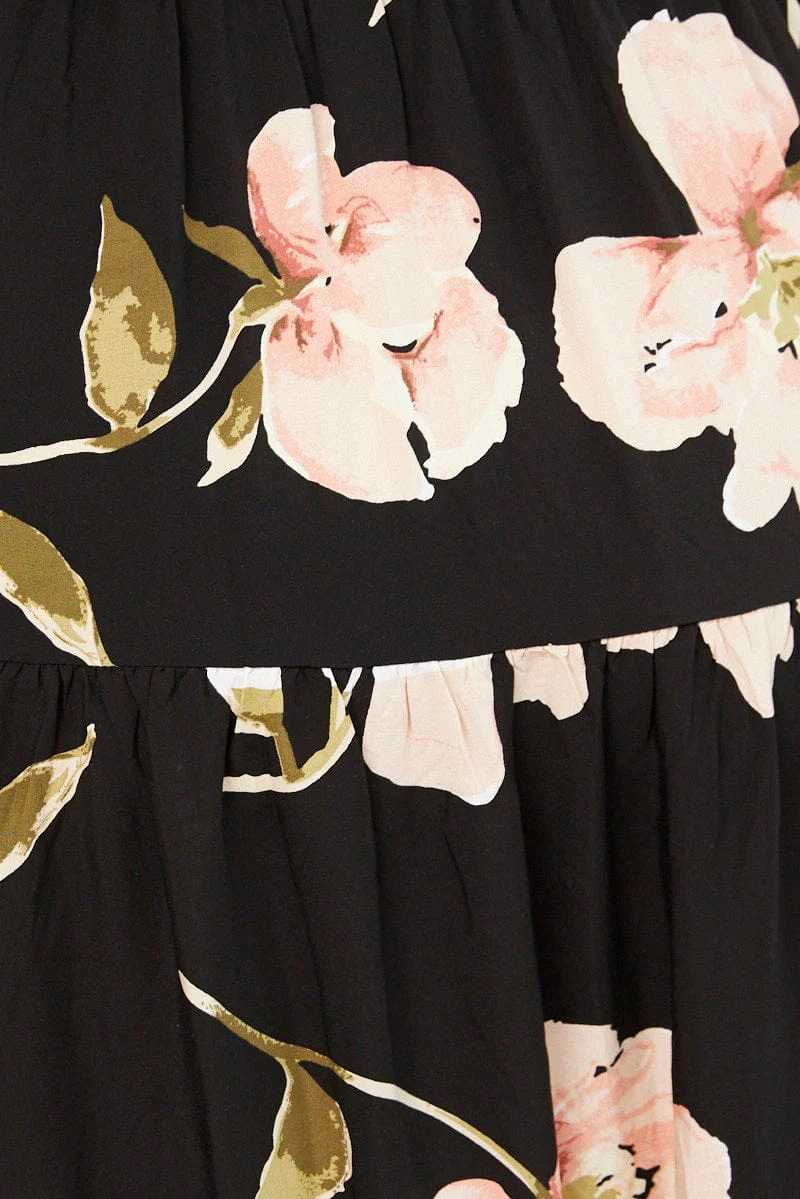 Black Floral Maxi Dress Short Sleeve Wrap Front Tiered - Image 6