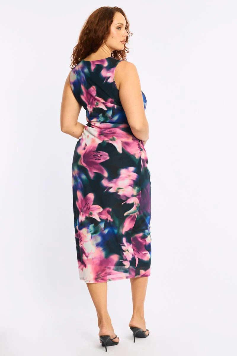 Black Floral Mesh Bodycon Dress Sleeveless - Image 4