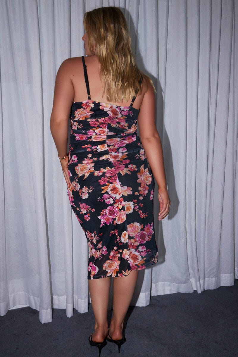 Black Floral Mesh Bodycon Ruched Shoestring Strap Dress - Image 5