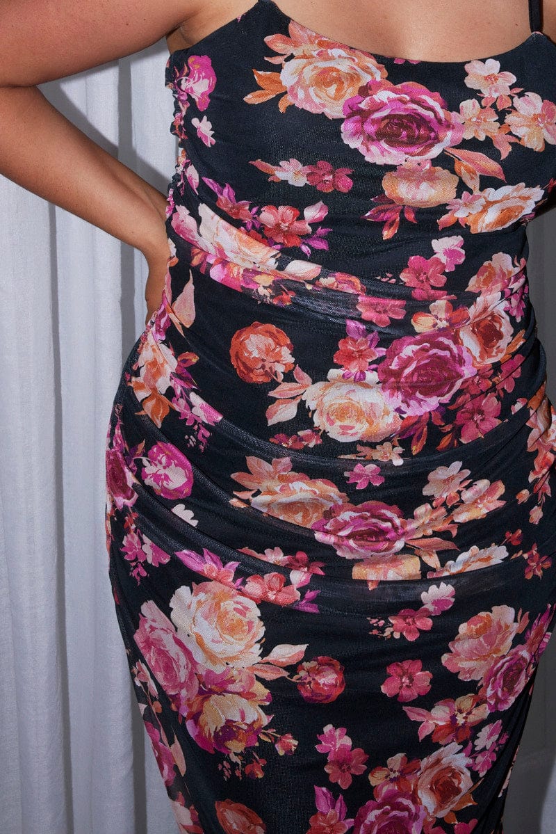 Black Floral Mesh Bodycon Ruched Shoestring Strap Dress - Image 6