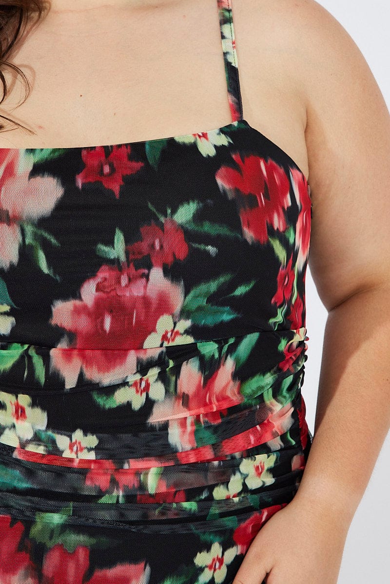 Black Floral Mesh Dress Sleeveless Ruched - Image 6