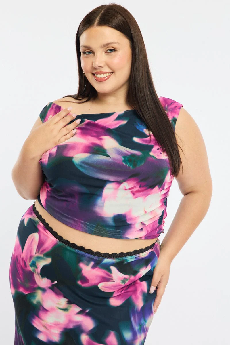 Black Floral Mesh Top Asymmetric Shoulder
