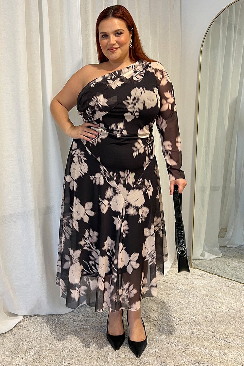 Black Floral Midi Dress One Shoulder Mesh