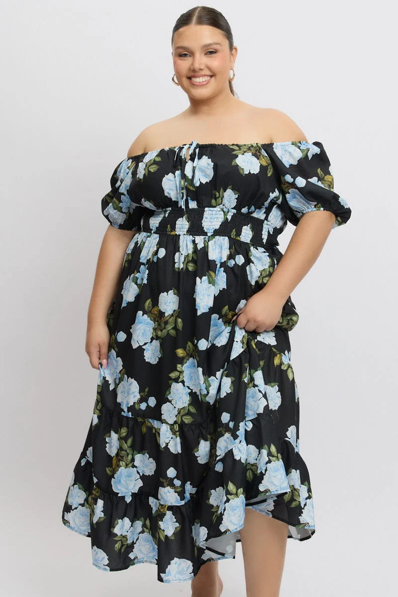 Black Floral Midi Dress Short Sleeve Ruched Bust Tiered - Image 2