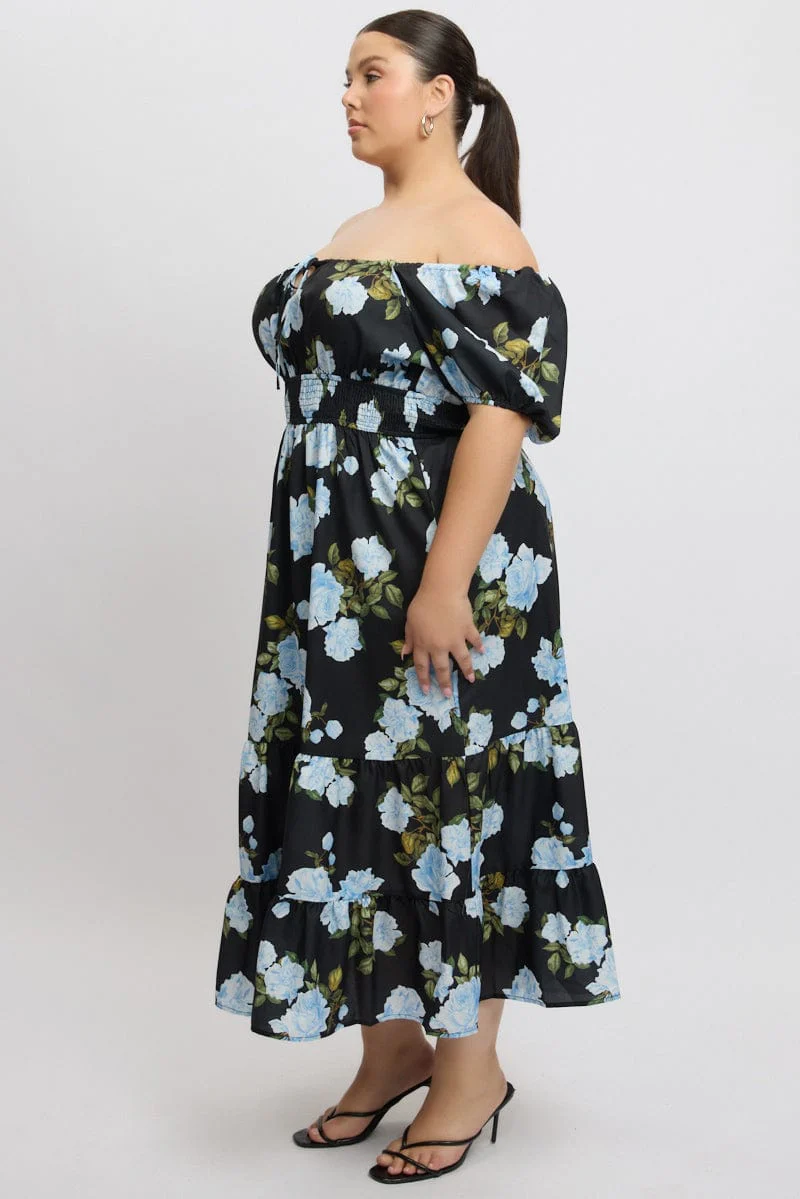 Black Floral Midi Dress Short Sleeve Ruched Bust Tiered - Image 4