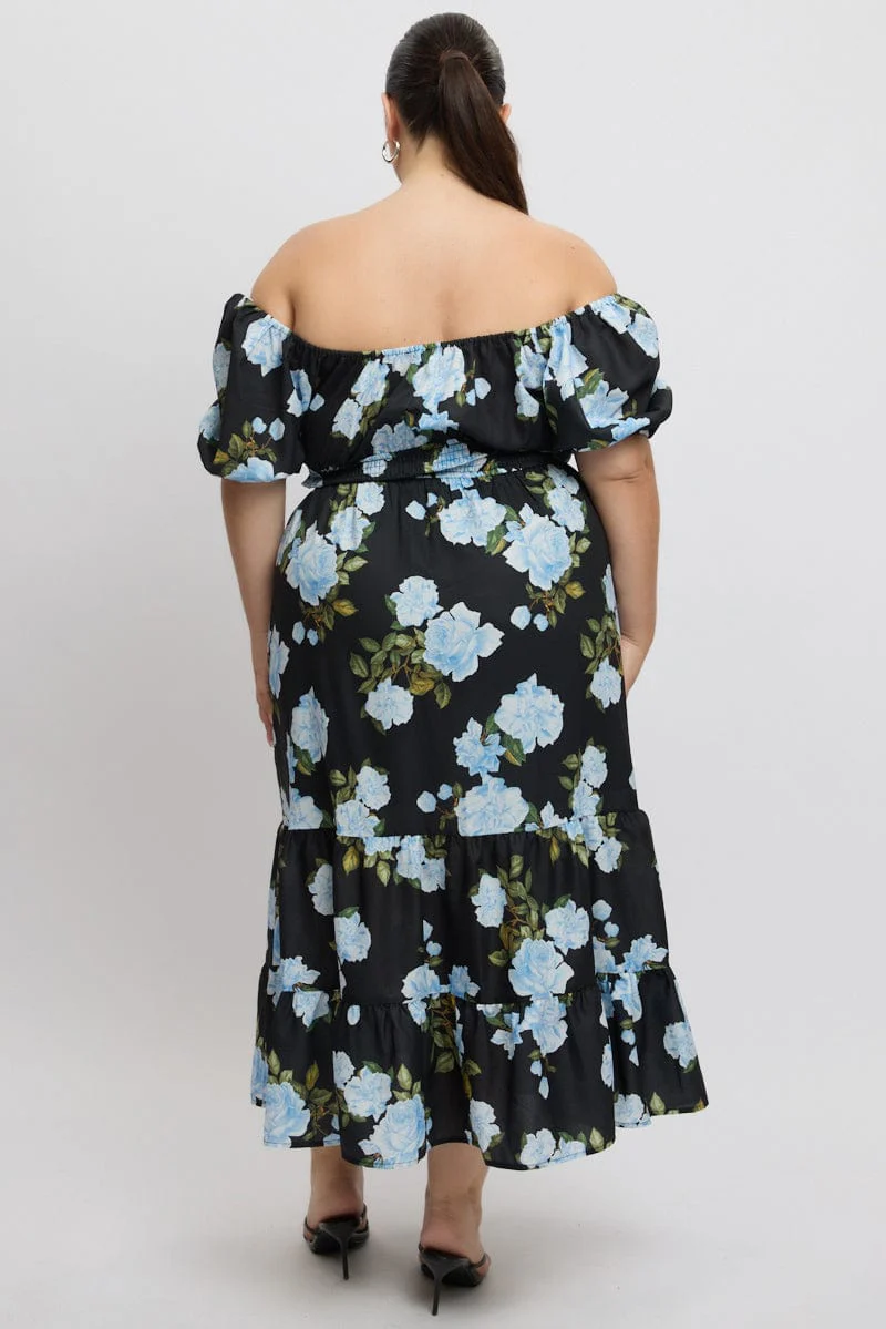 Black Floral Midi Dress Short Sleeve Ruched Bust Tiered - Image 5