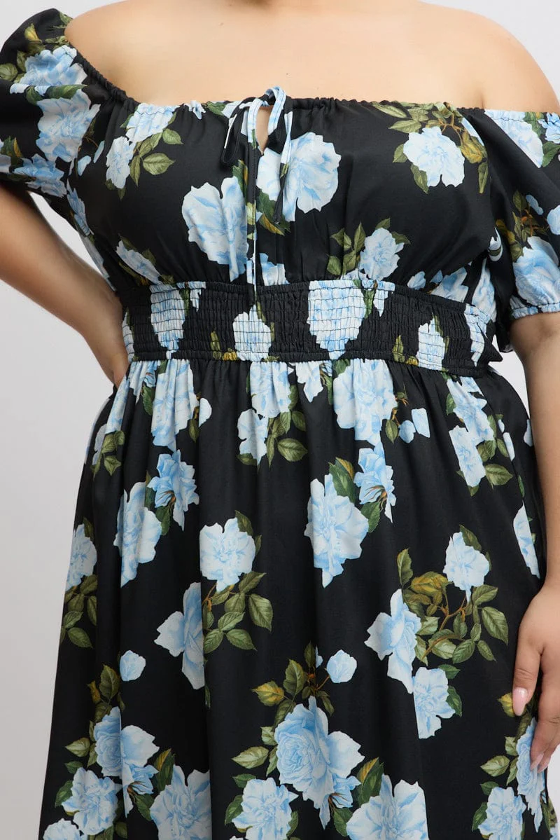 Black Floral Midi Dress Short Sleeve Ruched Bust Tiered - Image 6