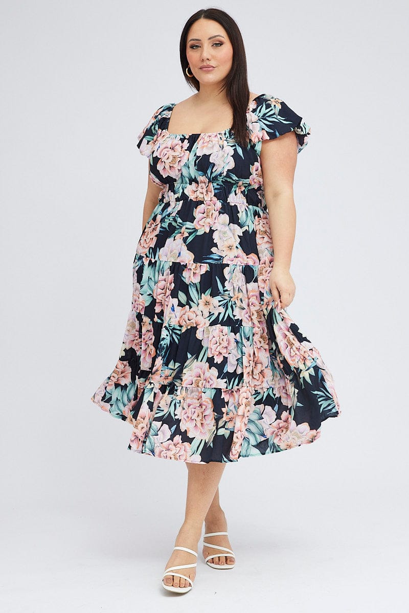 Black Floral Midi Dress Short Sleeve Ruched