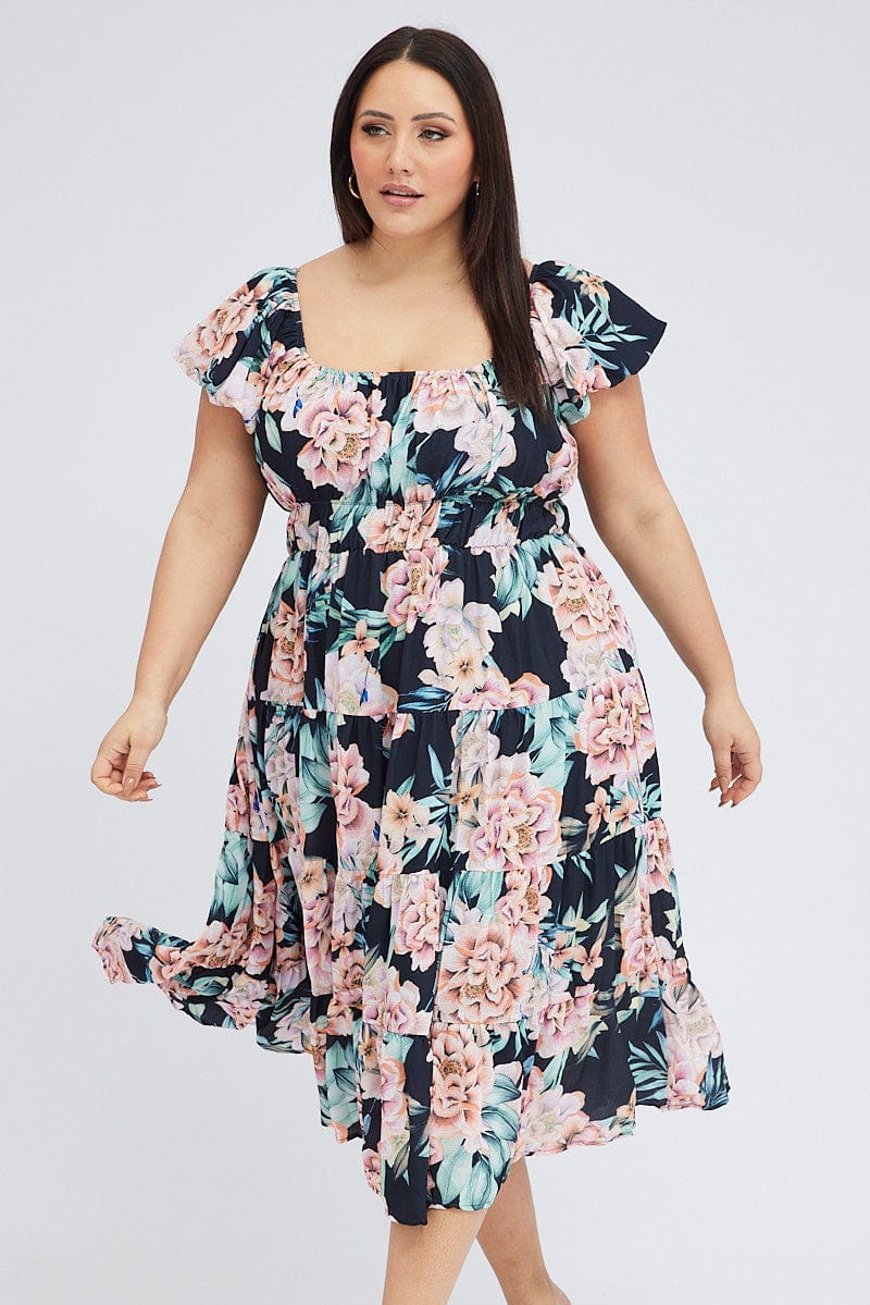 Black Floral Midi Dress Short Sleeve Ruched - Image 2