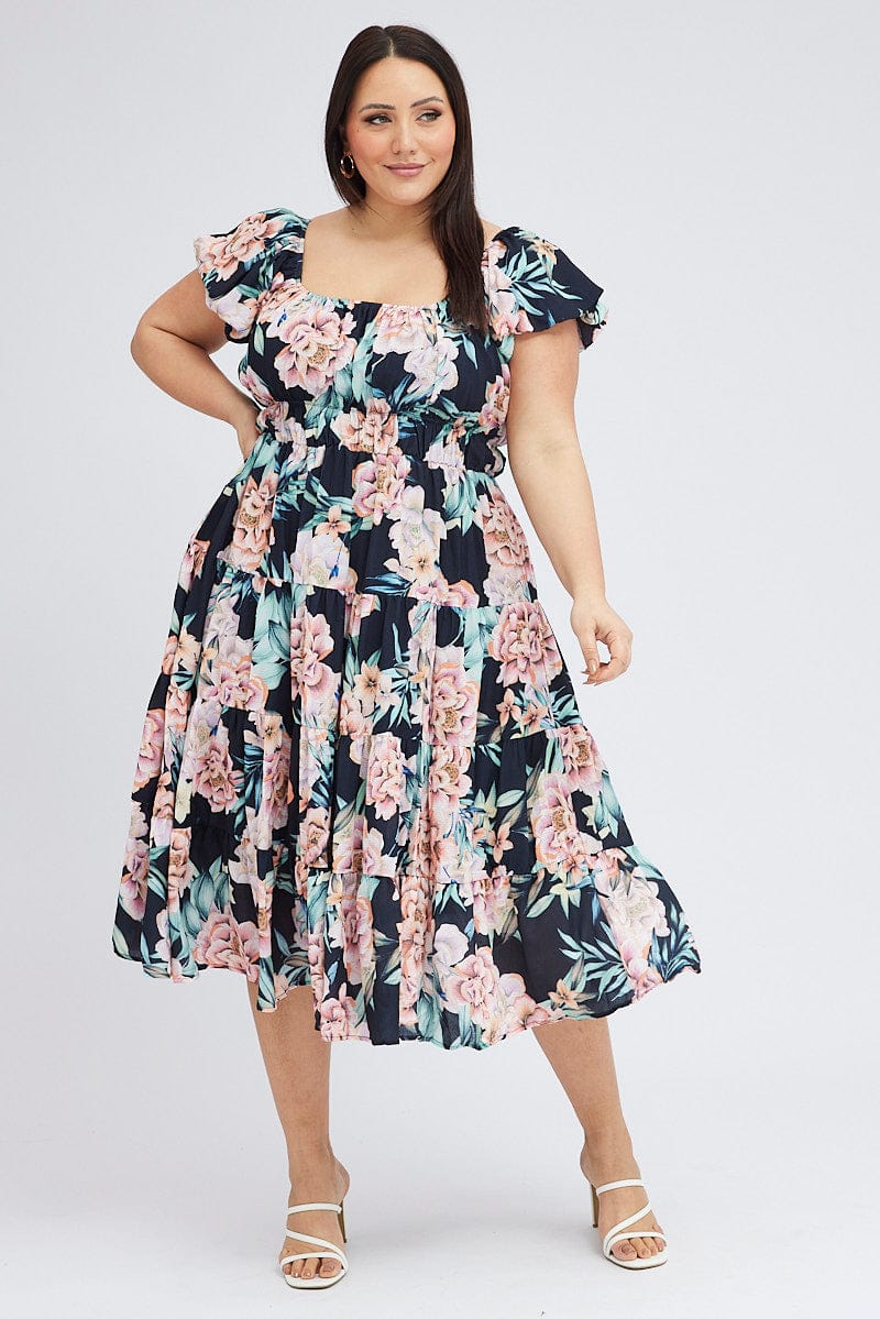 Black Floral Midi Dress Short Sleeve Ruched - Image 3