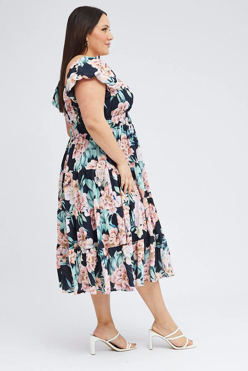 Black Floral Midi Dress Short Sleeve Ruched - Image 4