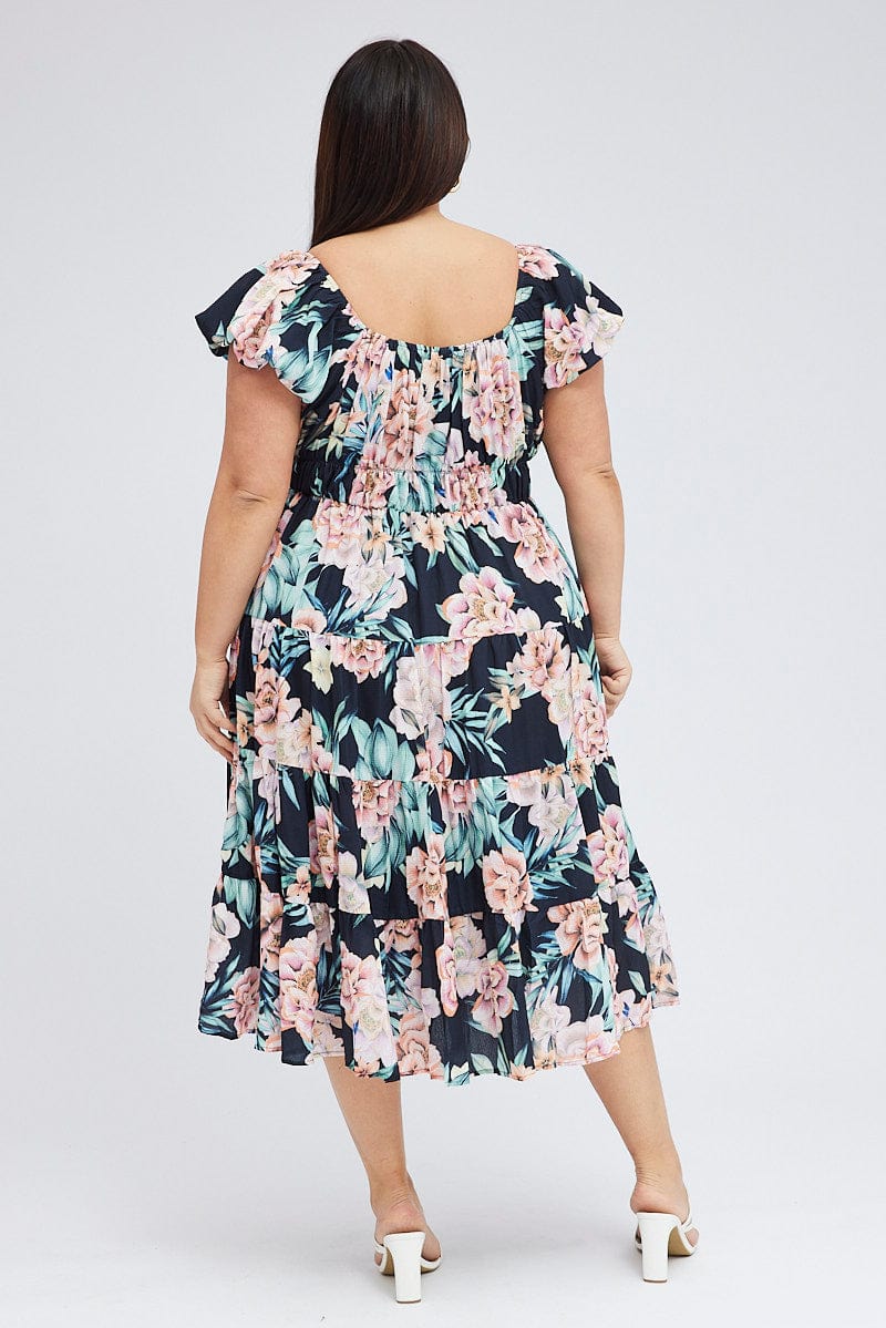 Black Floral Midi Dress Short Sleeve Ruched - Image 5