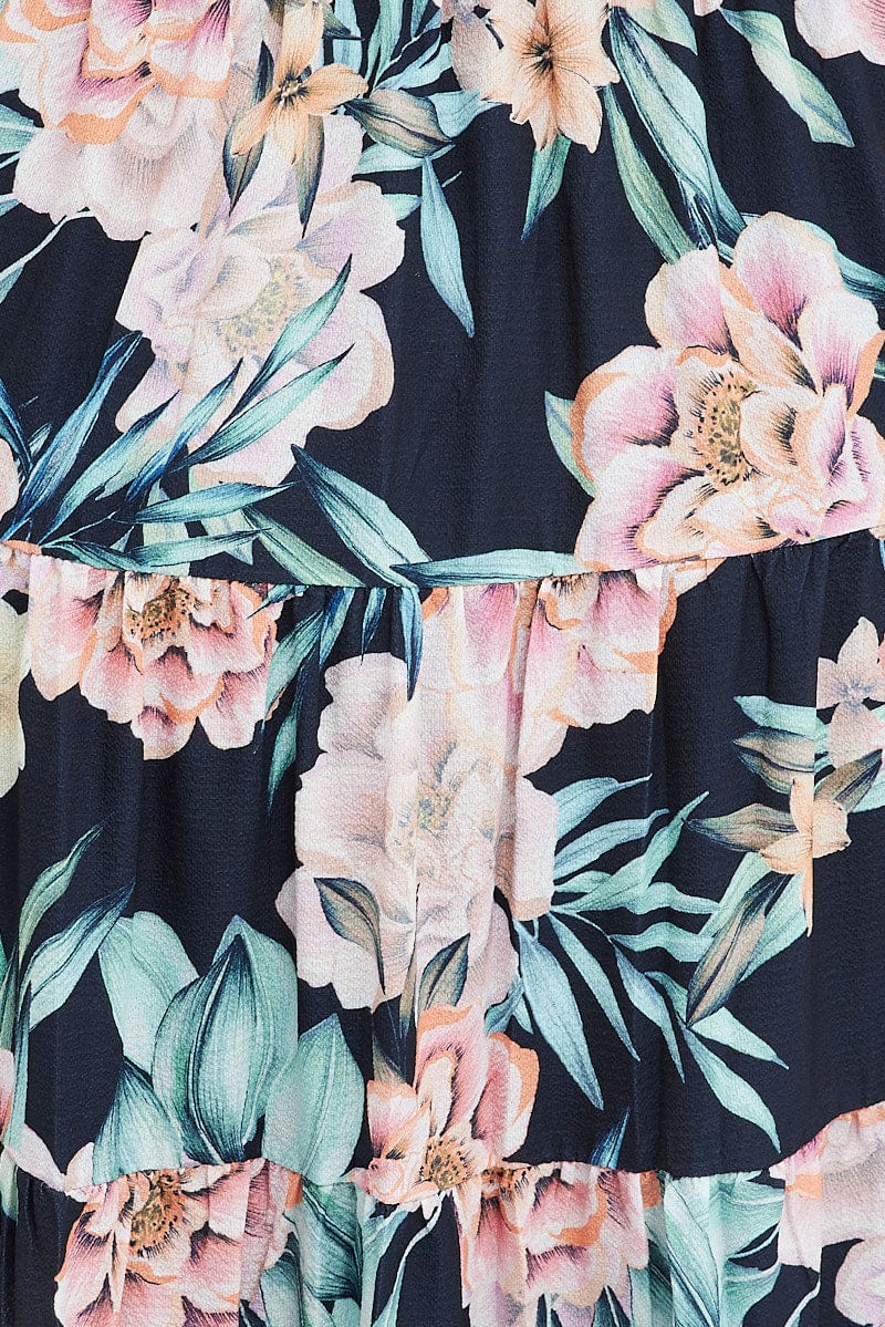 Black Floral Midi Dress Short Sleeve Ruched - Image 6