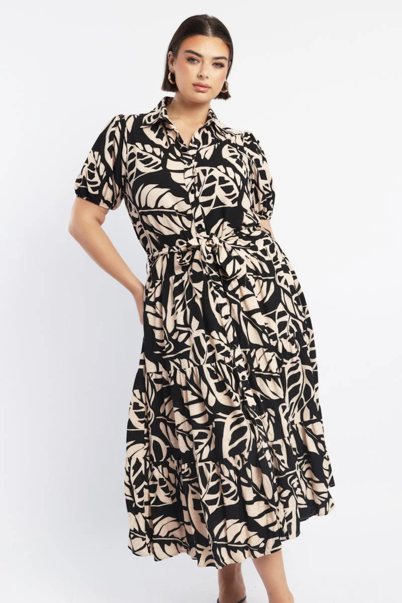 Black Floral Midi Dress Short Sleeve Shirt Floral - Image 2