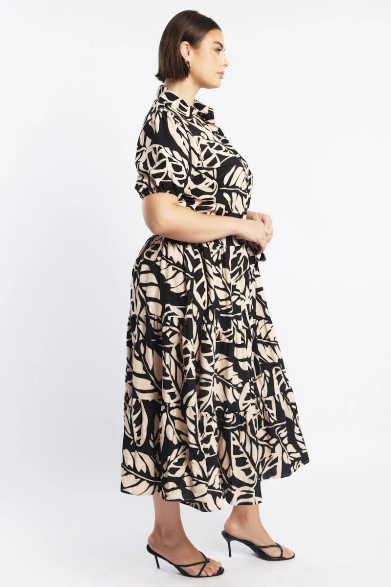 Black Floral Midi Dress Short Sleeve Shirt Floral - Image 3