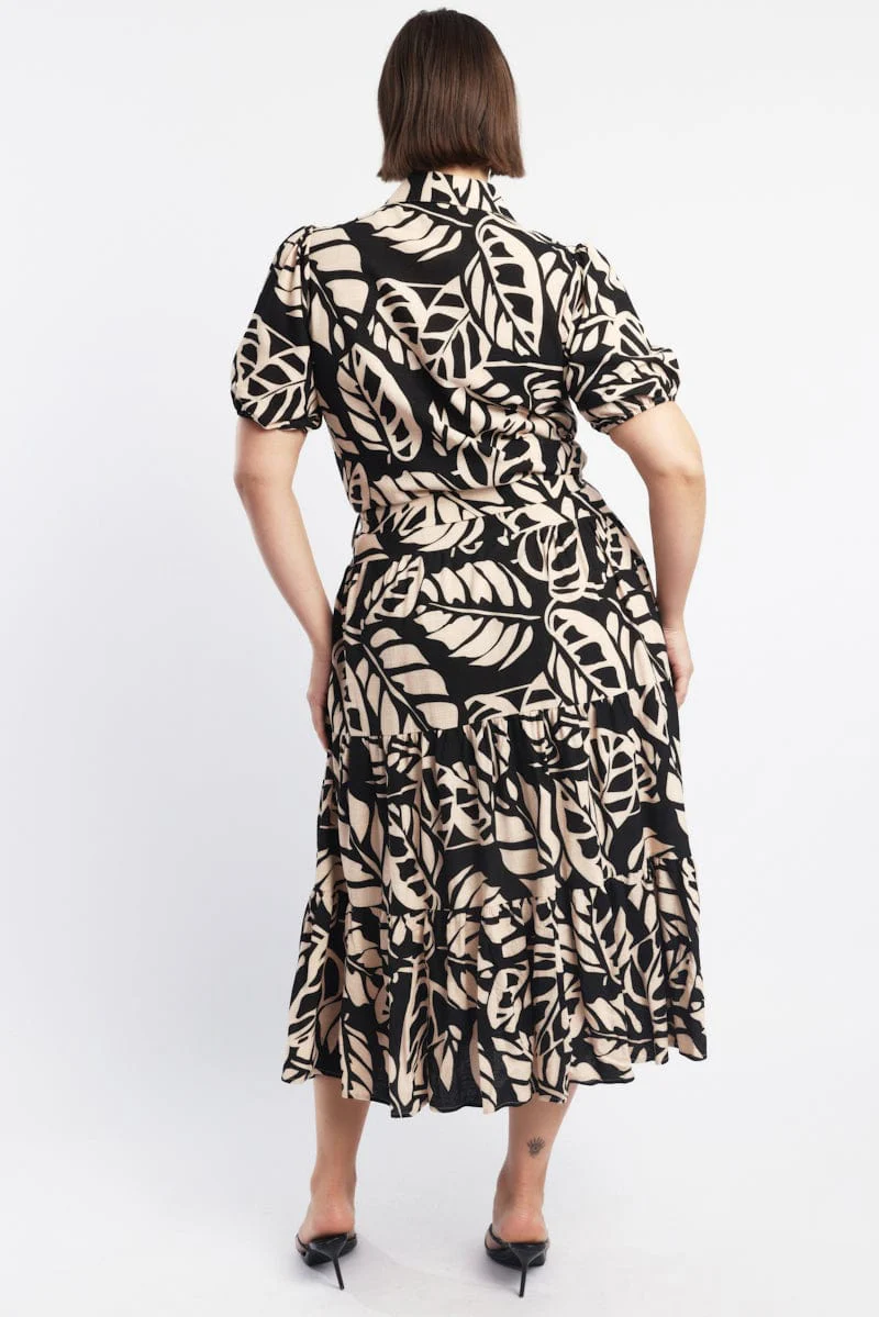 Black Floral Midi Dress Short Sleeve Shirt Floral - Image 4