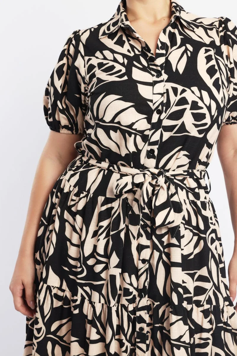 Black Floral Midi Dress Short Sleeve Shirt Floral - Image 5