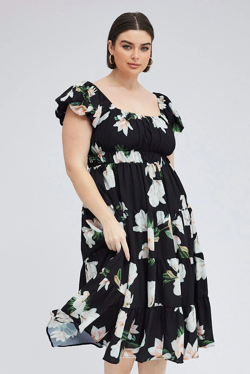 Black Floral Midi Dress Short Sleeve Tiered Ruched - Image 2
