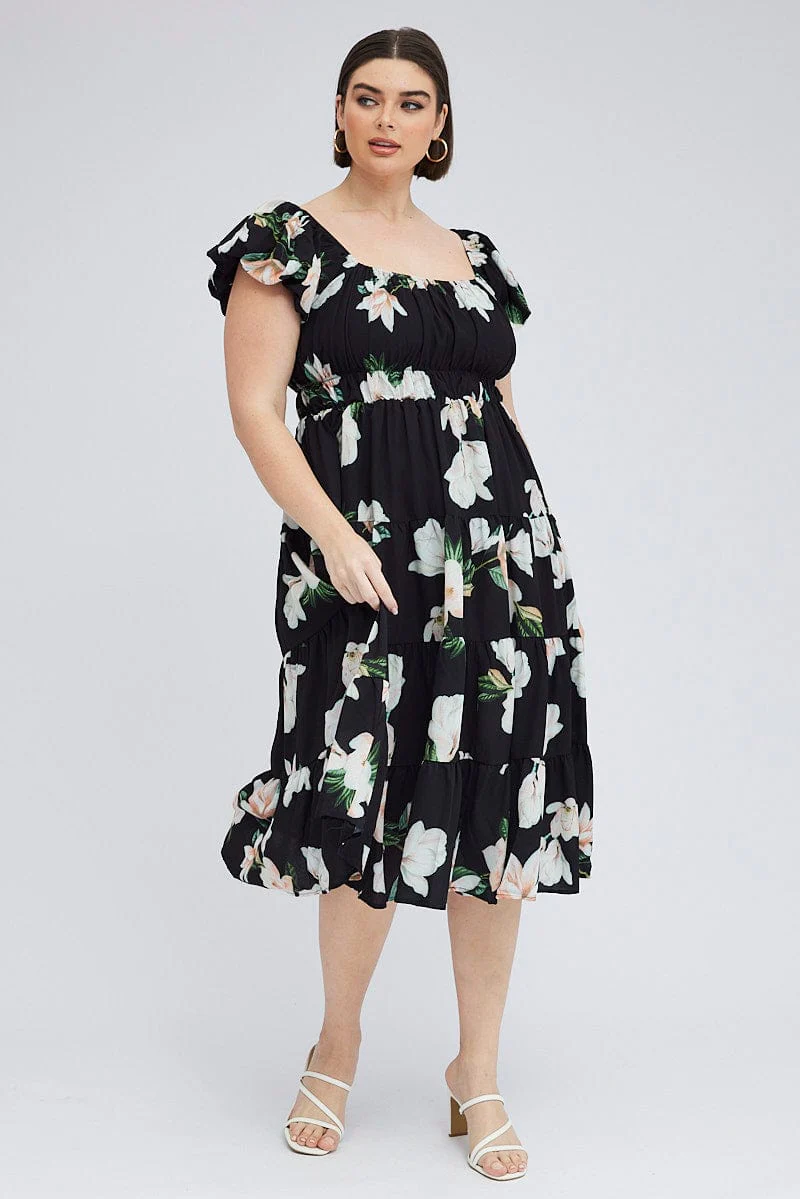 Black Floral Midi Dress Short Sleeve Tiered Ruched - Image 3