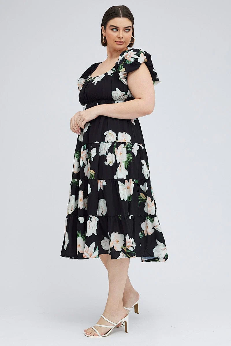 Black Floral Midi Dress Short Sleeve Tiered Ruched - Image 4