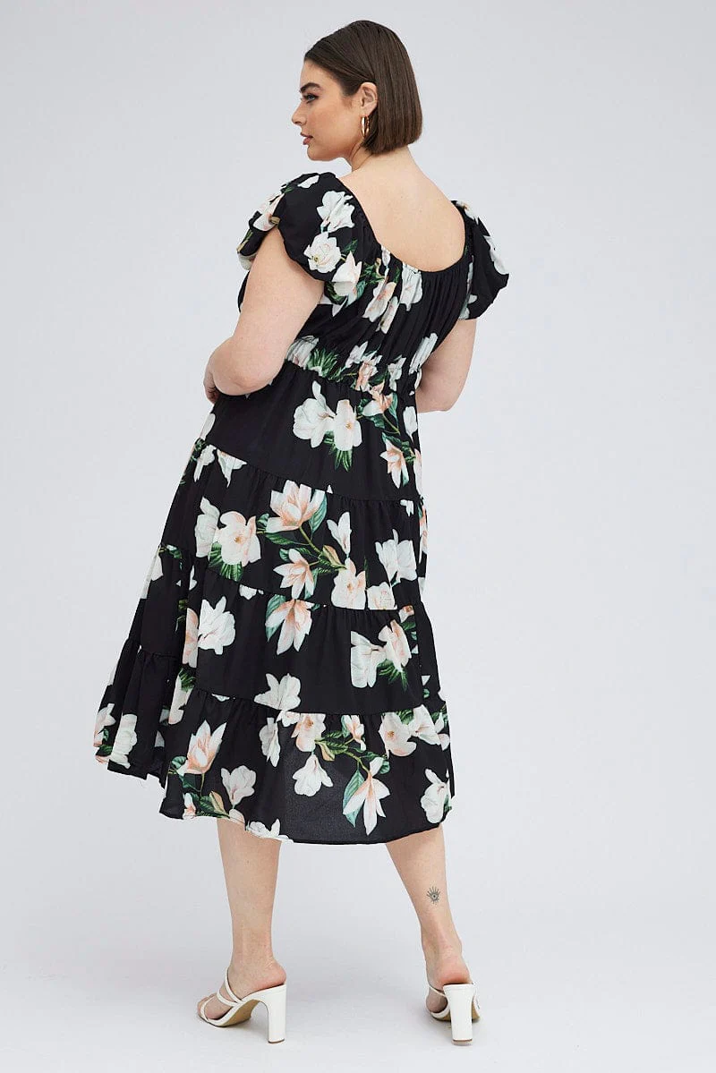 Black Floral Midi Dress Short Sleeve Tiered Ruched - Image 5
