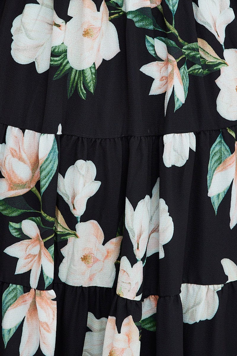 Black Floral Midi Dress Short Sleeve Tiered Ruched - Image 6
