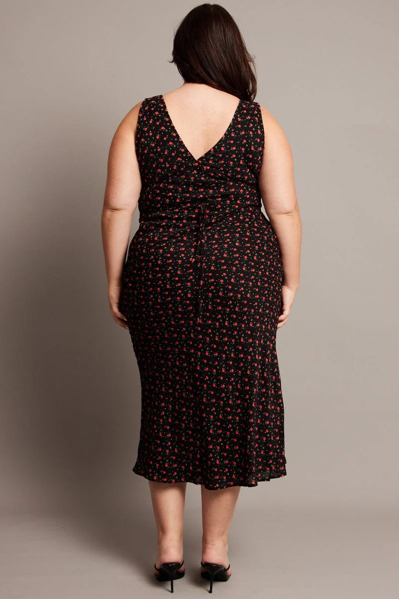 Black Floral Midi Dress Sleeveless V-neck - Image 5