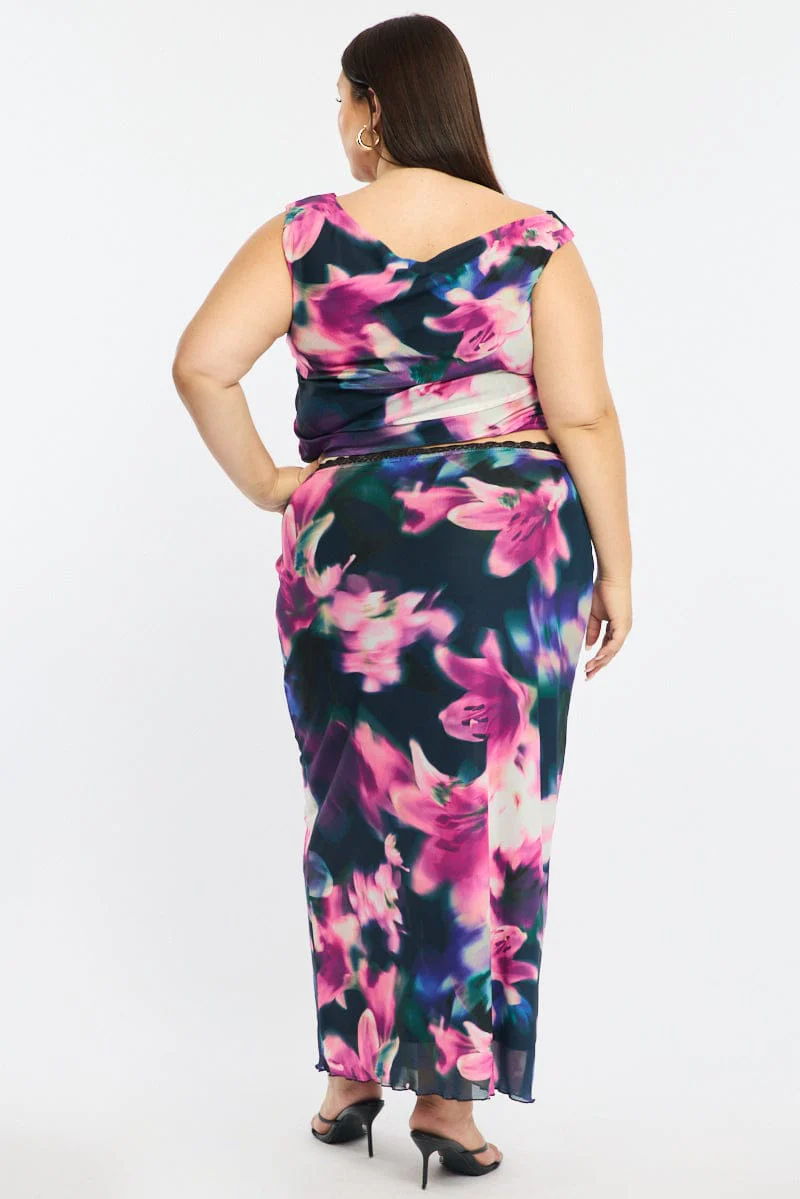 Black Floral Midi Skirt Mesh - Image 5