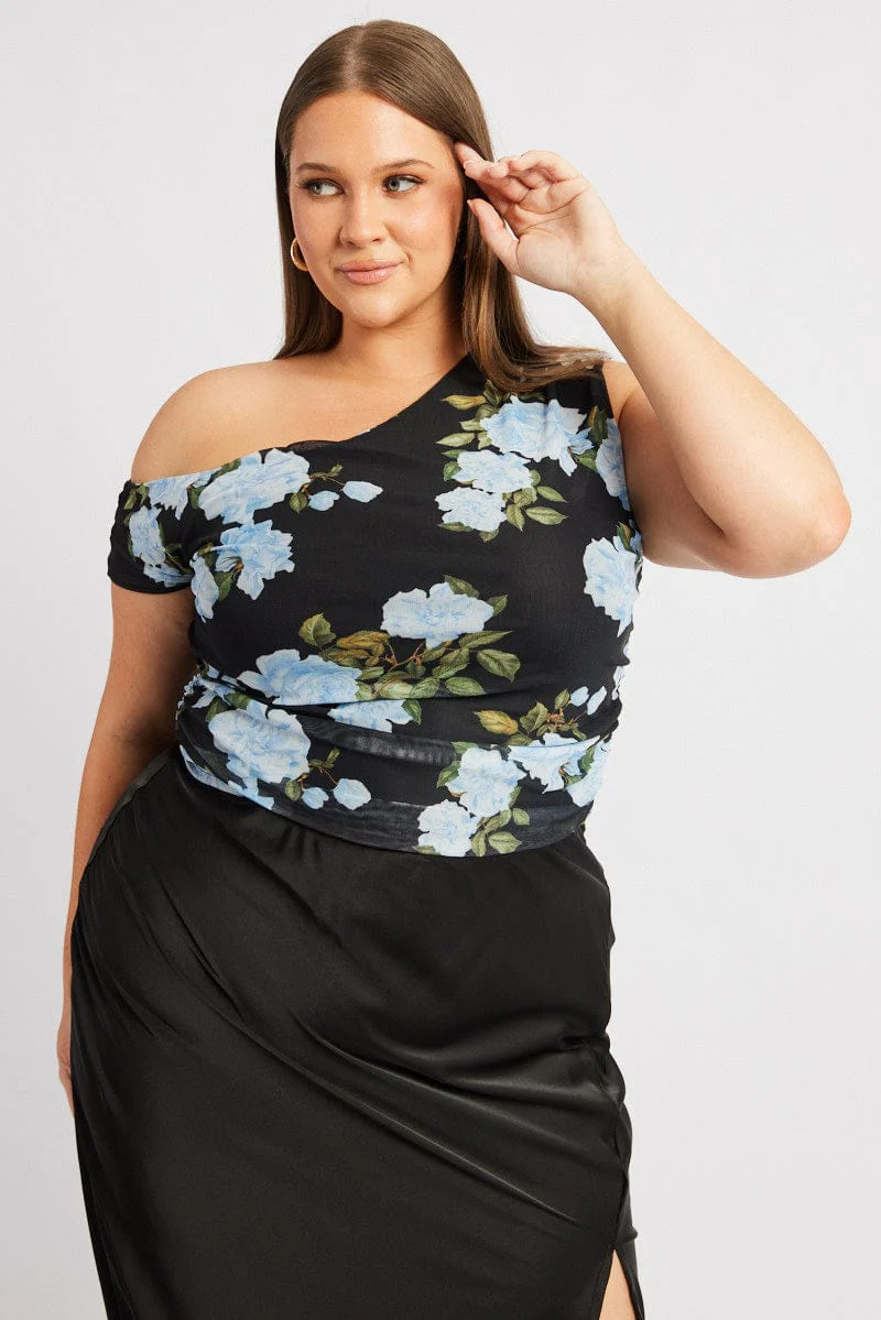 Black Floral One Shoulder Top Short Sleeve Mesh - Image 3