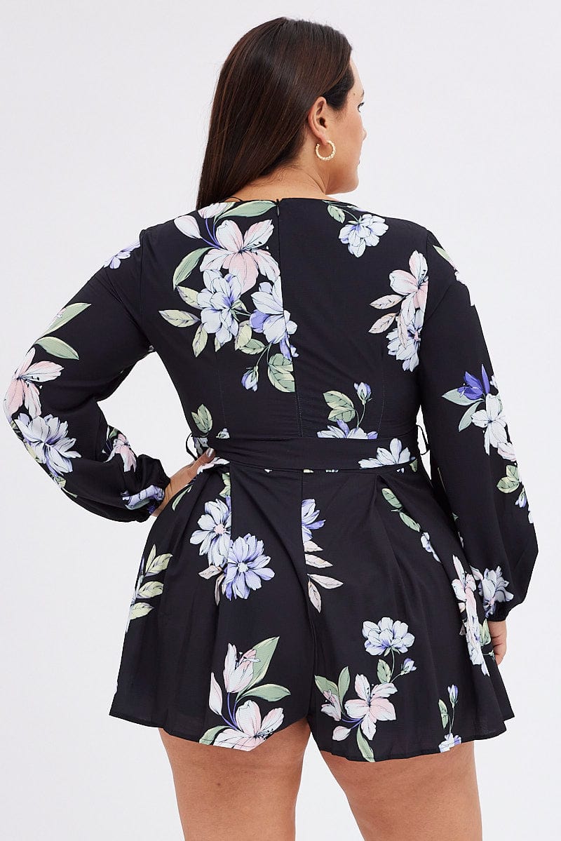 Black Floral Playsuit Long Sleeve V-neck - Image 5