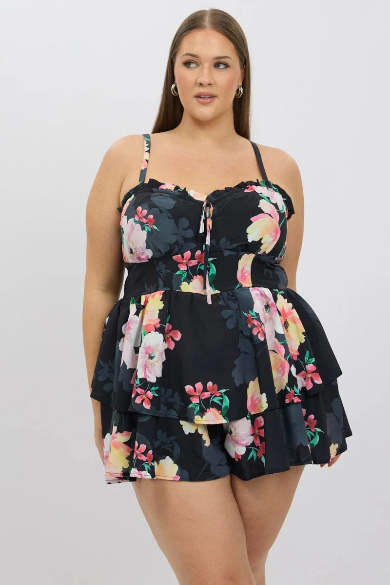 Black Floral Playsuit Sleeveless Ruched Bust