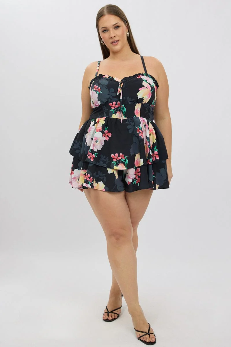 Black Floral Playsuit Sleeveless Ruched Bust - Image 2