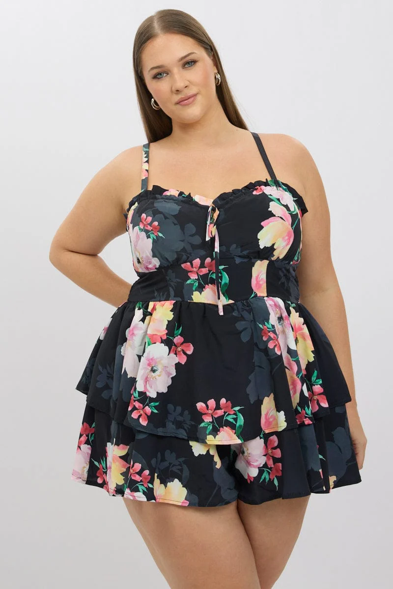 Black Floral Playsuit Sleeveless Ruched Bust - Image 3
