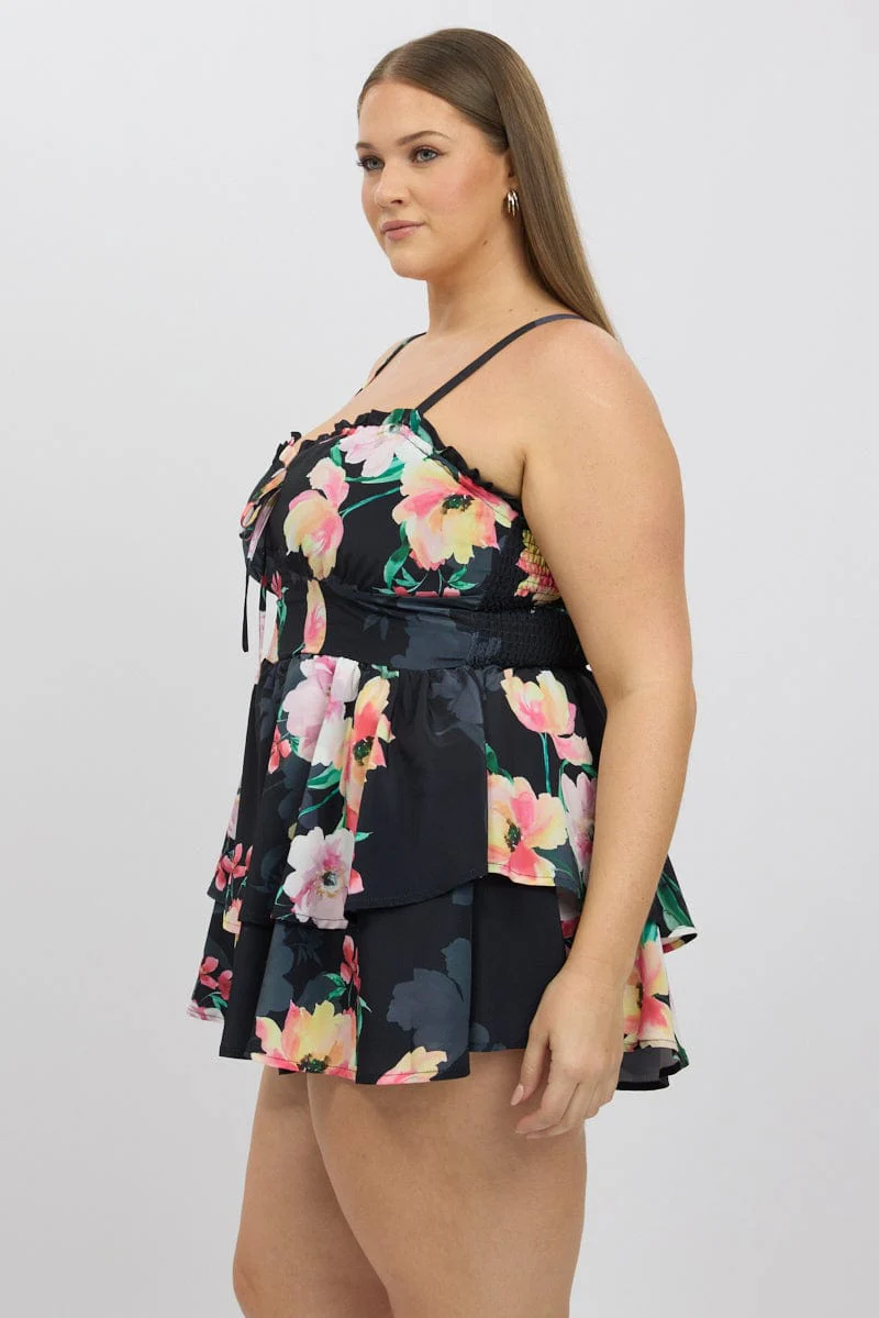 Black Floral Playsuit Sleeveless Ruched Bust - Image 4