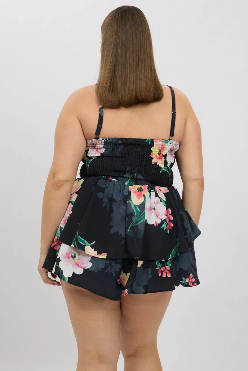 Black Floral Playsuit Sleeveless Ruched Bust - Image 5