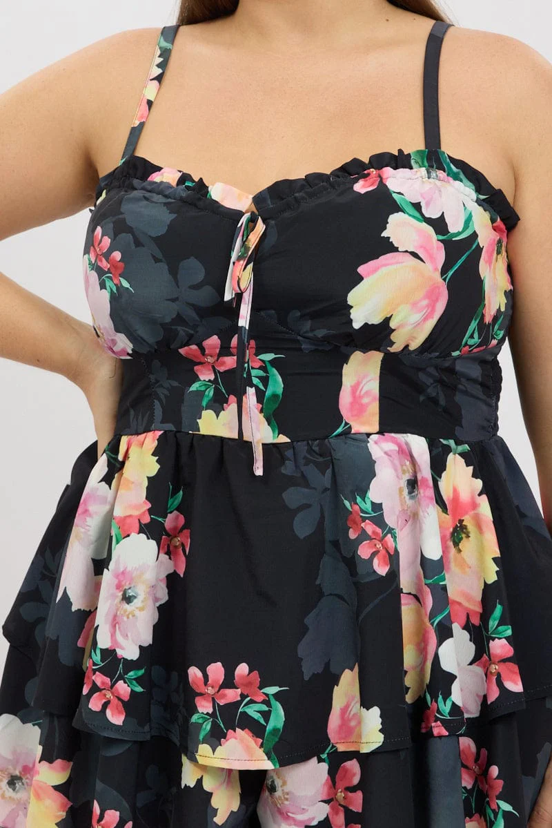 Black Floral Playsuit Sleeveless Ruched Bust - Image 6