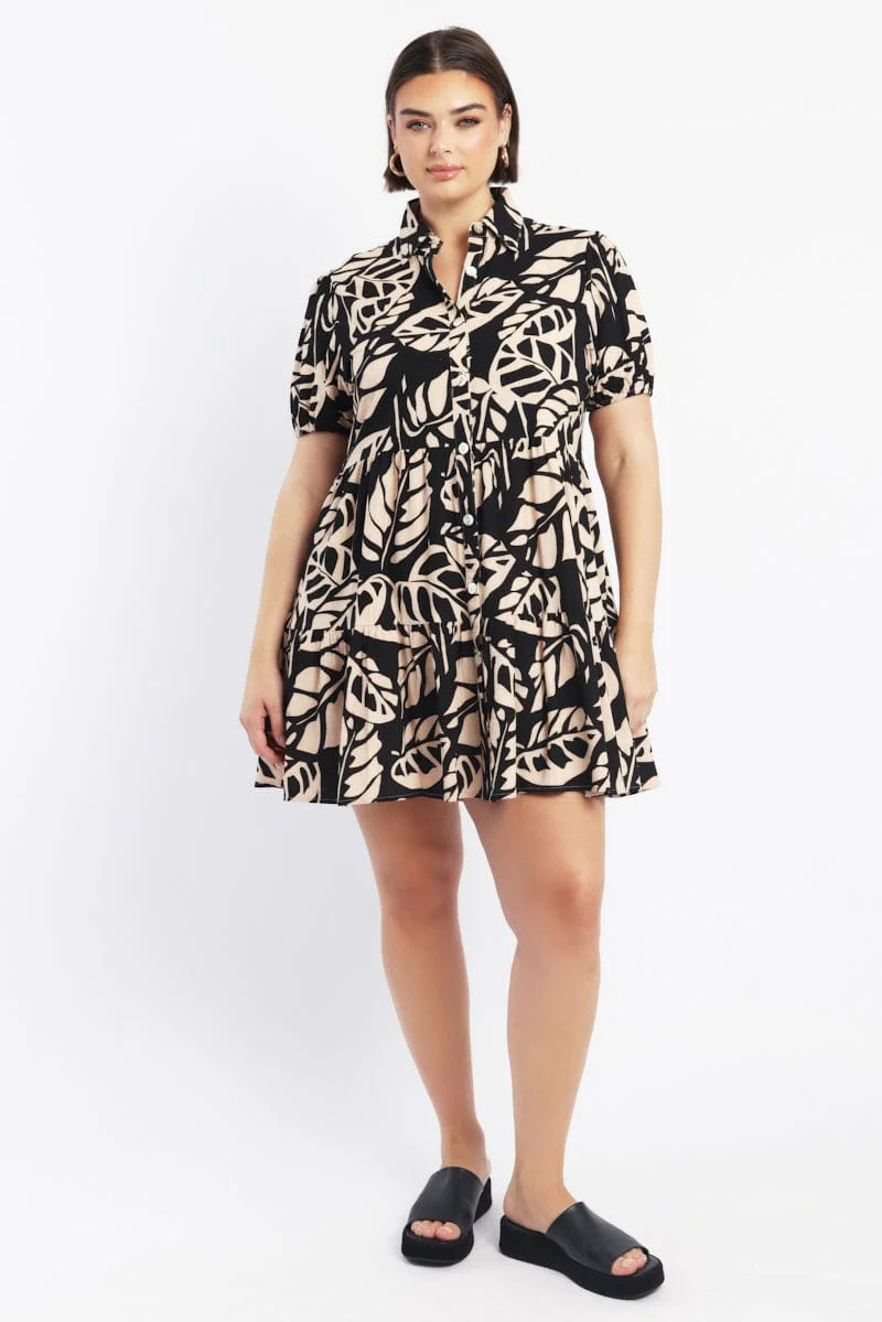 Black Floral Puff Sleeve Button Through Shirtdress - Image 2