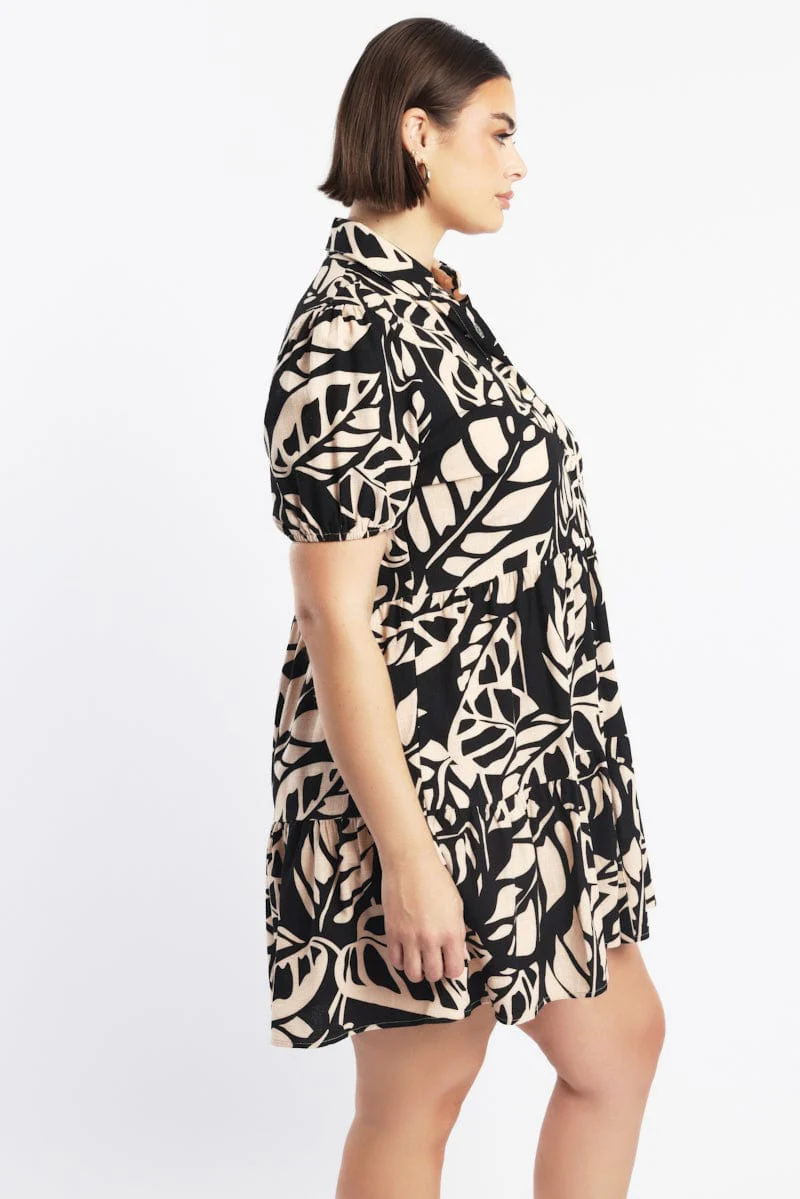 Black Floral Puff Sleeve Button Through Shirtdress - Image 3