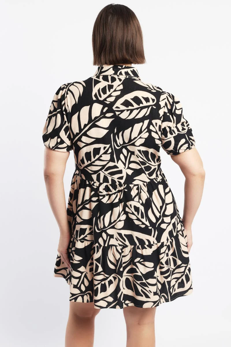 Black Floral Puff Sleeve Button Through Shirtdress - Image 4