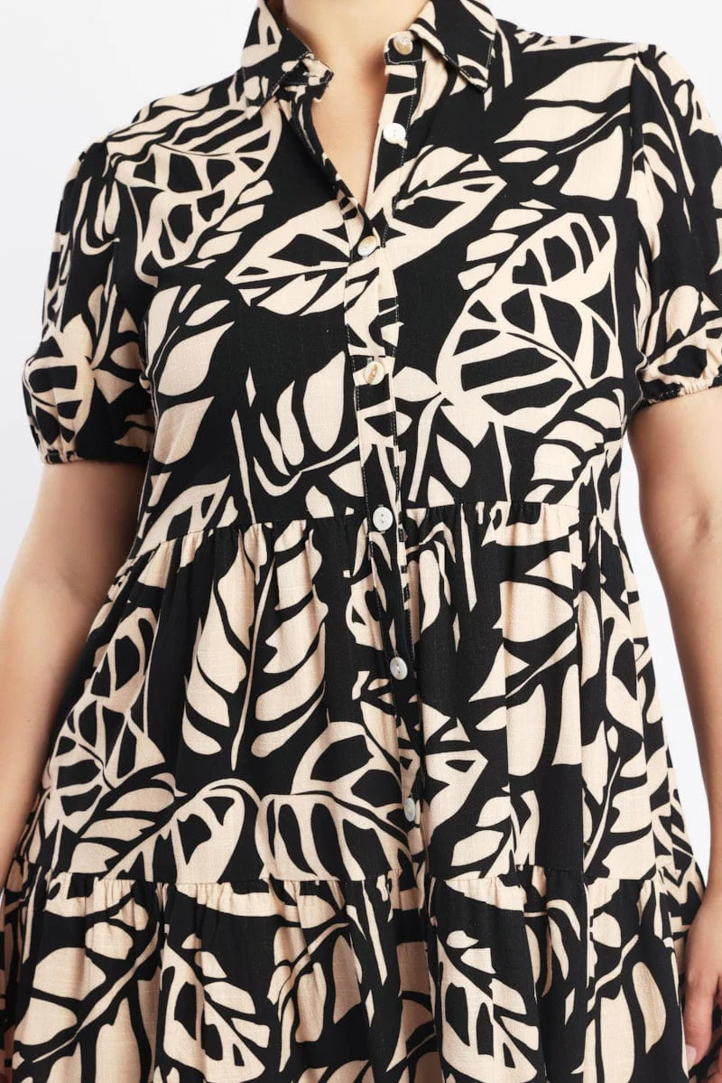 Black Floral Puff Sleeve Button Through Shirtdress - Image 5