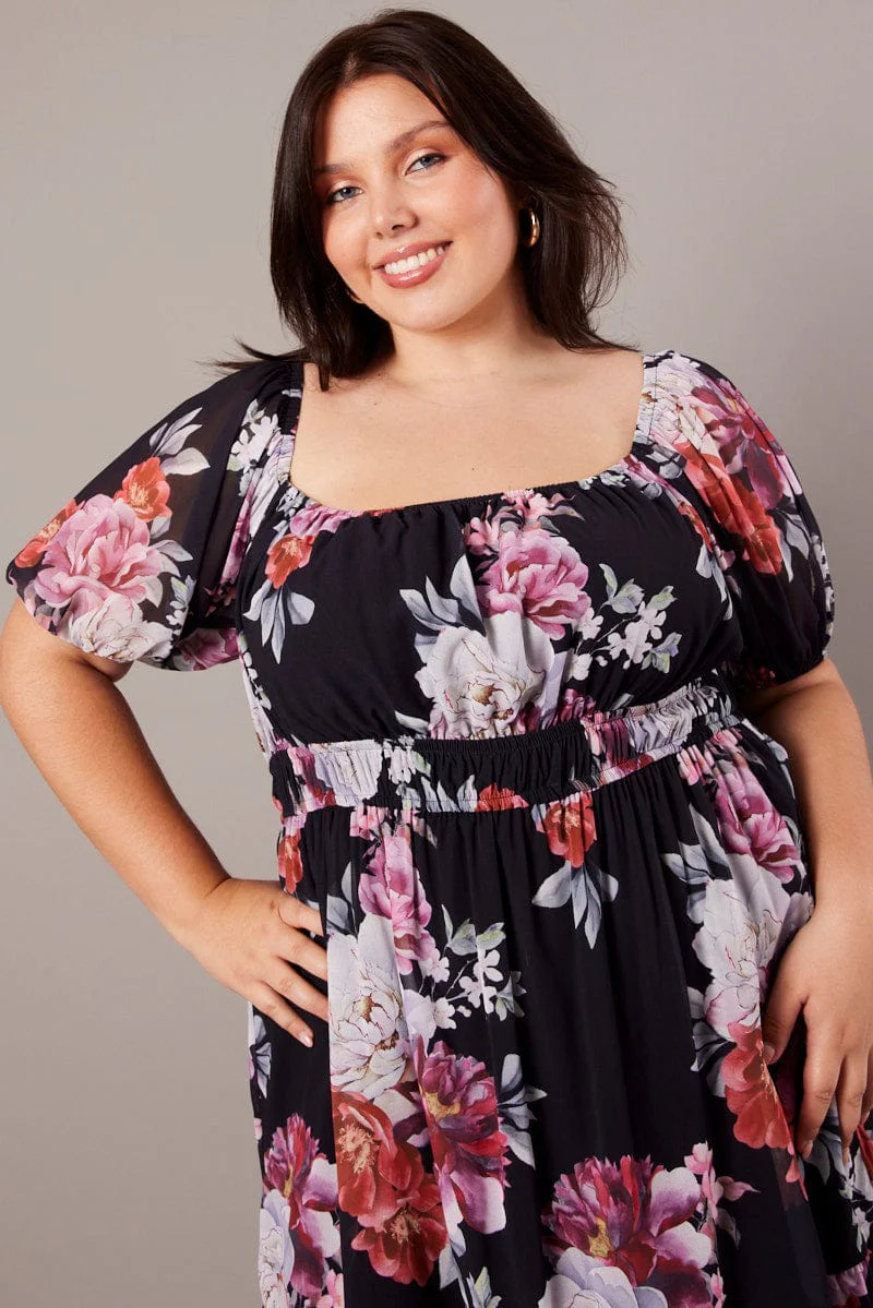 Black Floral Puff Sleeve Minidress Elastic Waist Detail - Image 3