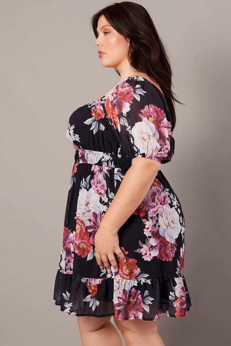 Black Floral Puff Sleeve Minidress Elastic Waist Detail - Image 4