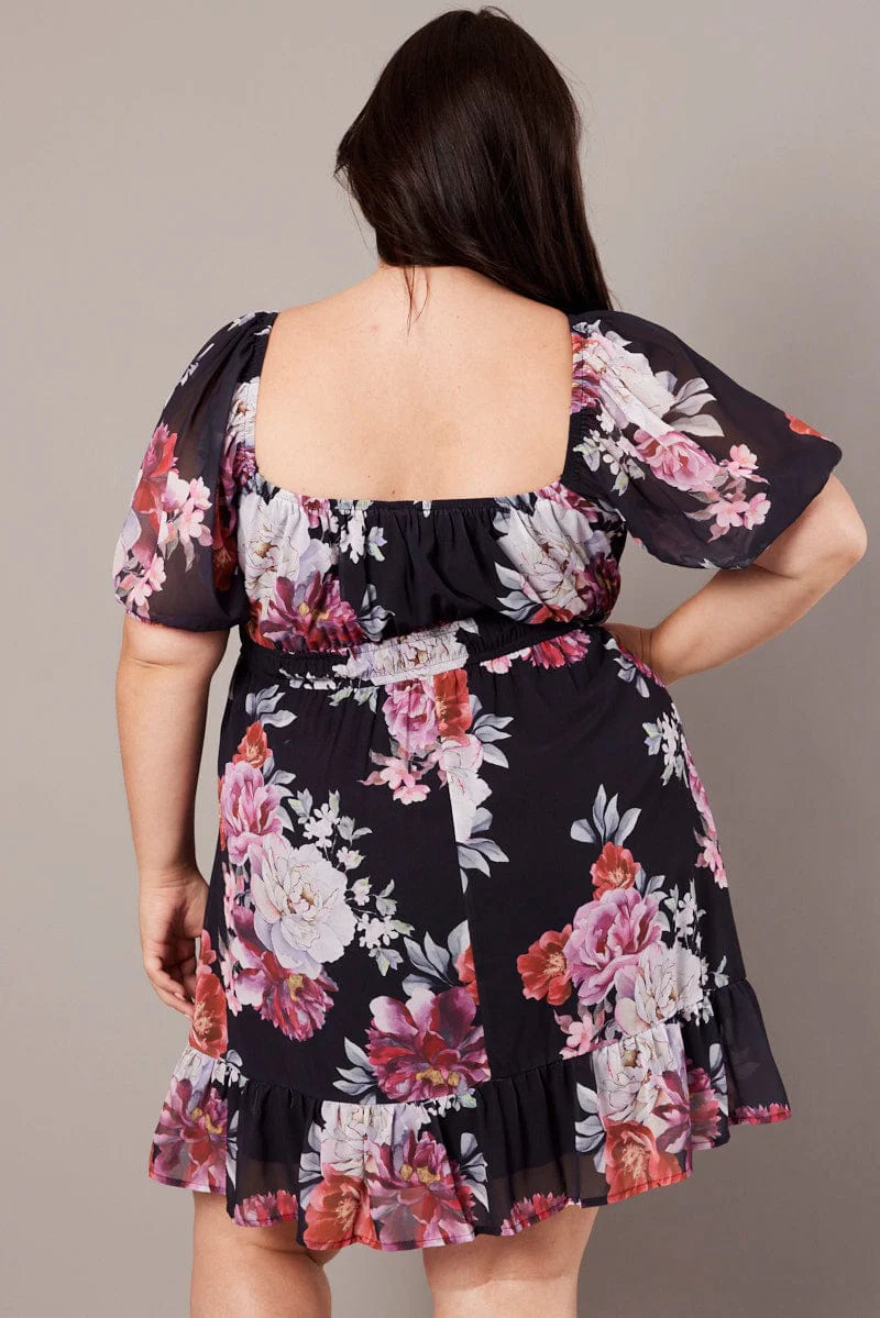 Black Floral Puff Sleeve Minidress Elastic Waist Detail - Image 5