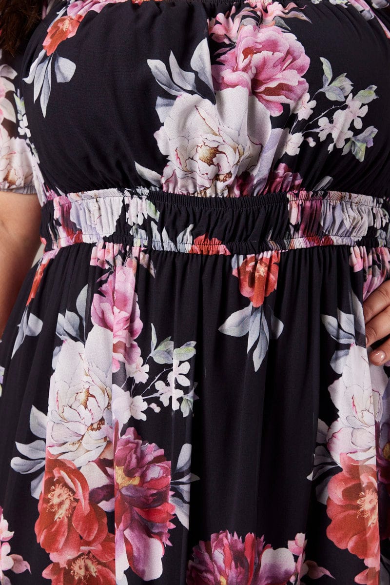 Black Floral Puff Sleeve Minidress Elastic Waist Detail - Image 6
