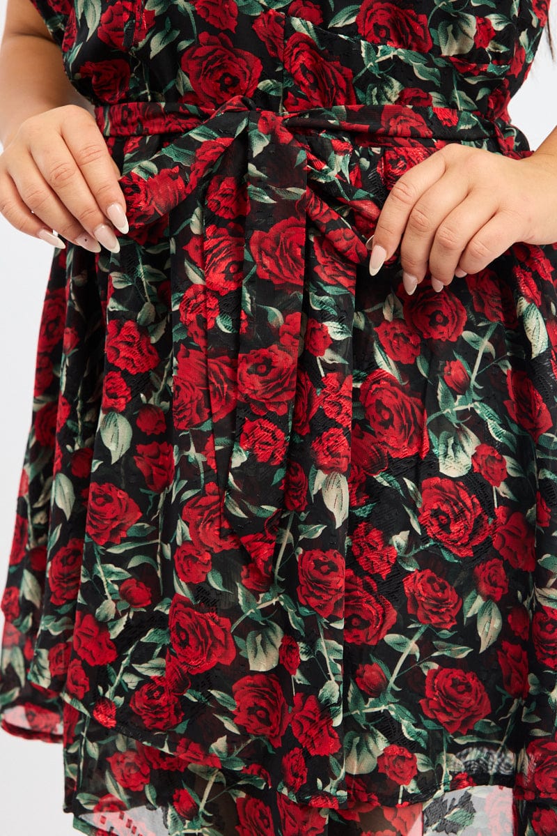 Black Floral Rose Print Lace Trim Minidress - Image 5