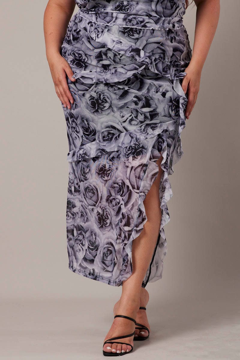 Black Floral Rosette Mesh Frill Skirt