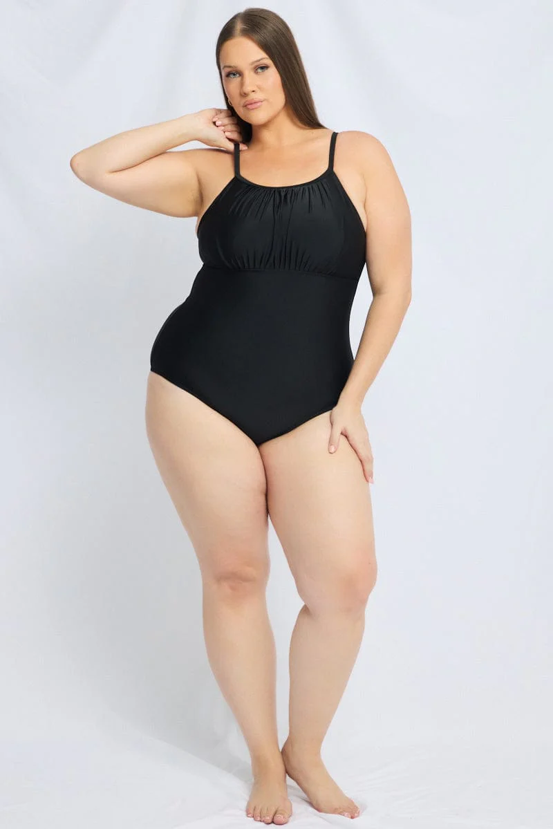 Black Floral Ruched Detail One Piece Swimsuit - Image 3