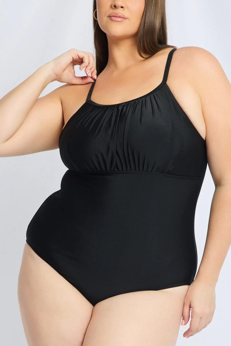 Black Floral Ruched Detail One Piece Swimsuit - Image 6