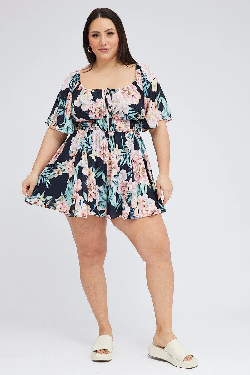 Black Floral Ruched Playsuit Short Sleeve - Image 2