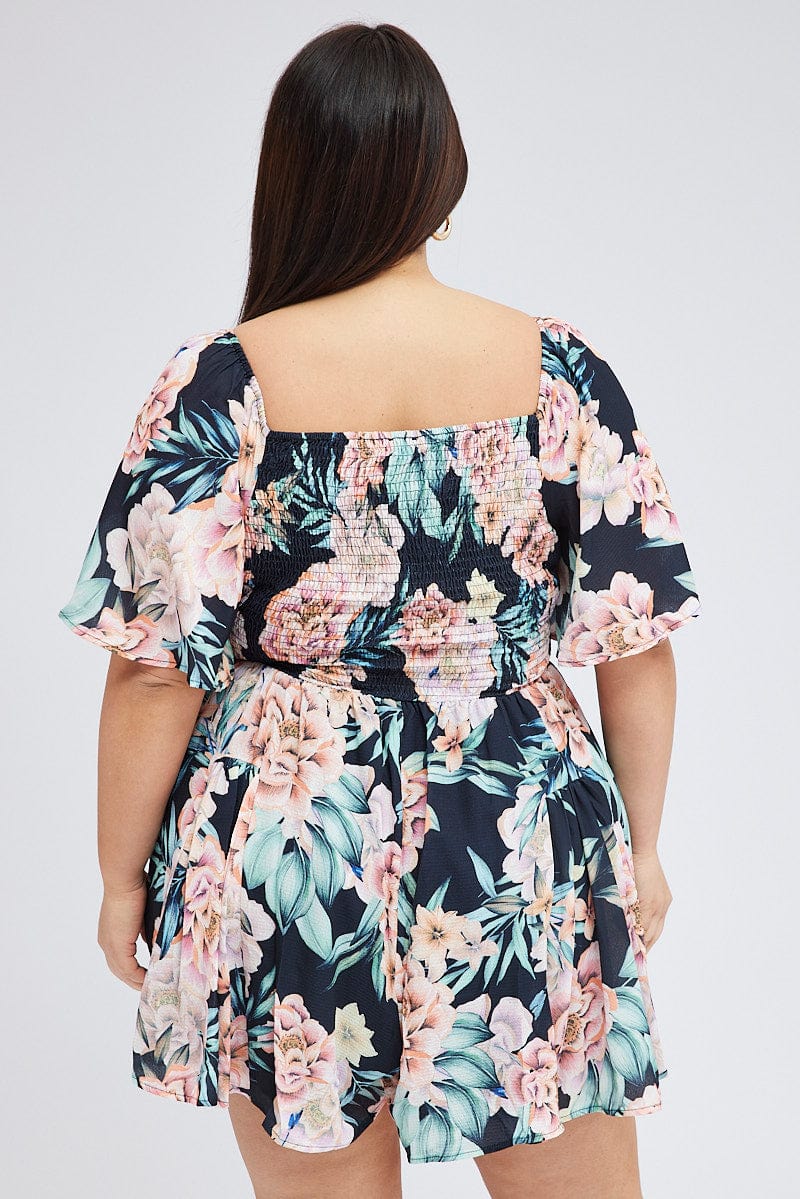 Black Floral Ruched Playsuit Short Sleeve - Image 5